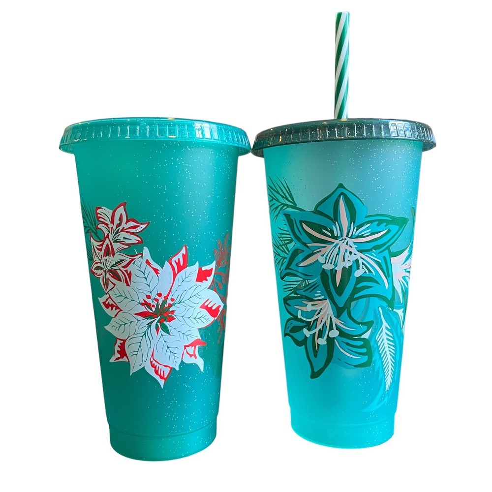 Starbucks 24oz Green Holiday 2022 Cold Cups Set of 2 w/ Lids & 1 Straw